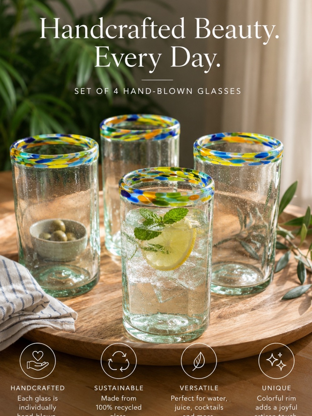 Artisan Confetti Handblown Drinking Glasses - uniquely Colorful Rims(Set of 4)